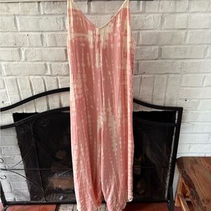 Mystree Pink and White Wide-Leg Jumpsuit with V-Neckline